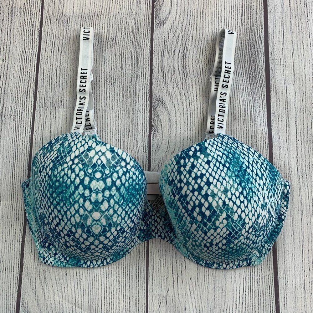Victoria's Secret Snakeskin Teal Patterned Lined Padded Demi Bra 36D